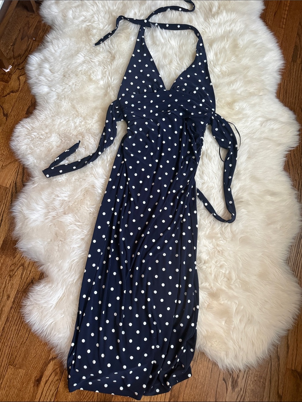 Aritzia Navy Halter Polka Dot Maxi Dress